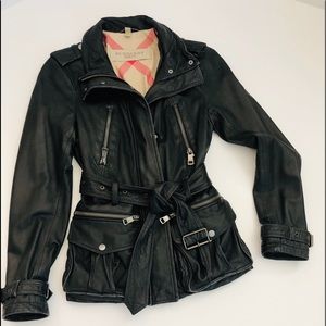 BURBERRY Leather Motto Belted Zip Jacket